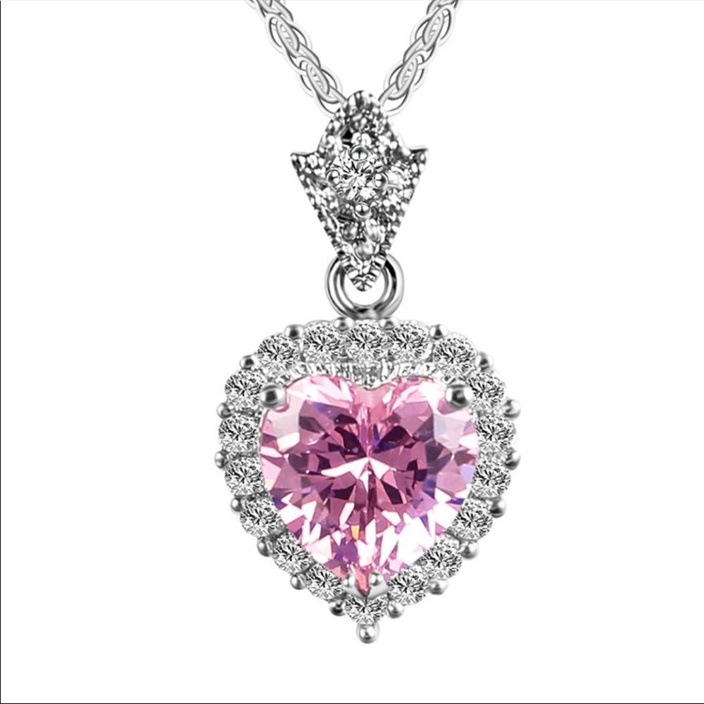 New 925 sterling pink heart crystal necklace - Picture 2 of 5